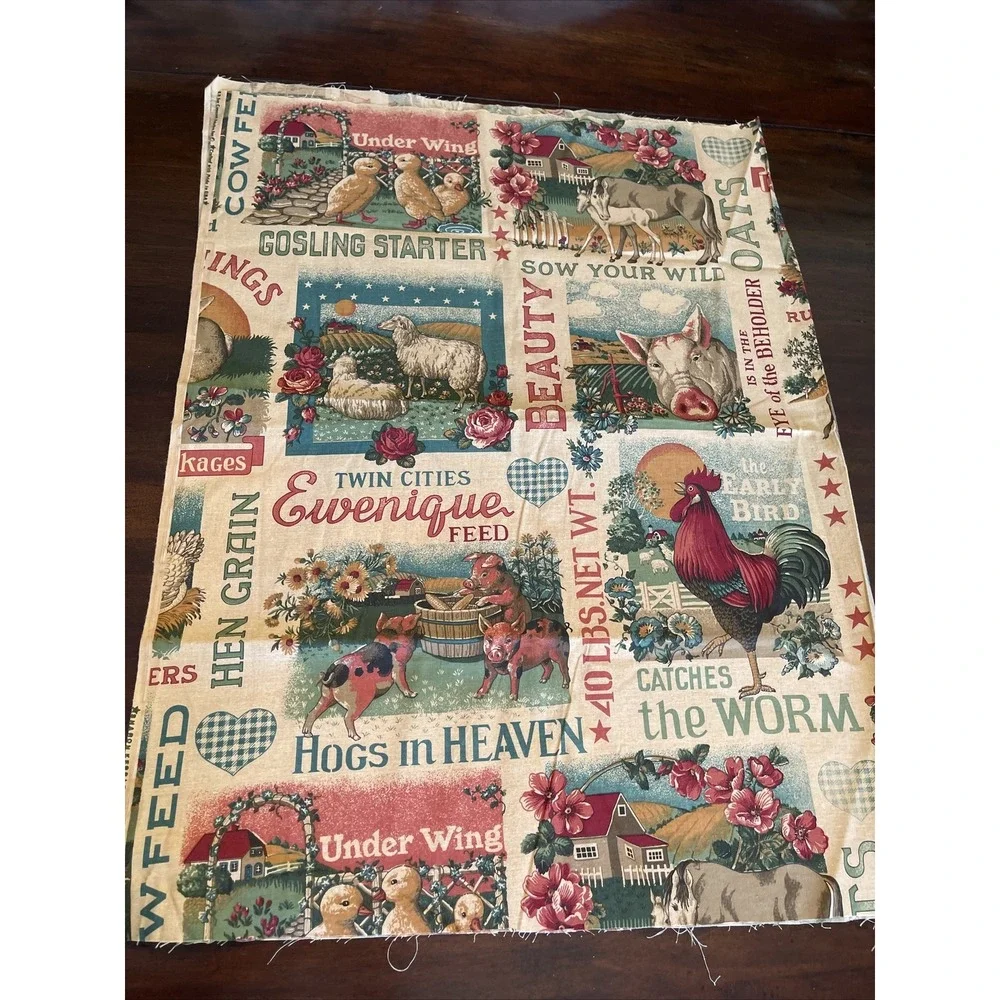 Vintage Concord Fabric Sharon Kessler Farm Animals Feedsack Labels Sripe 1 Yard - Picture 2 of 7